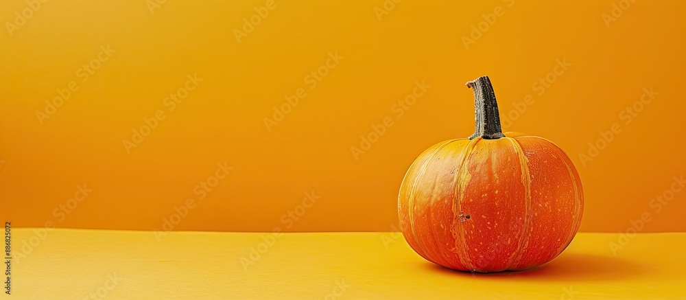 Poster A single ripe pumpkin standing alone on a yellow background with ample copy space image.