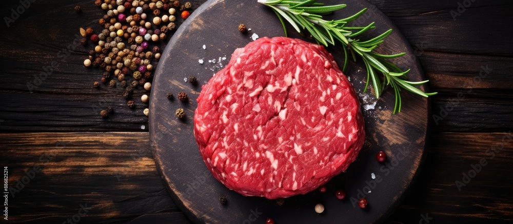 Poster raw beef burger patty seasoned for cooking with a minced red meat cooking background in a top view c