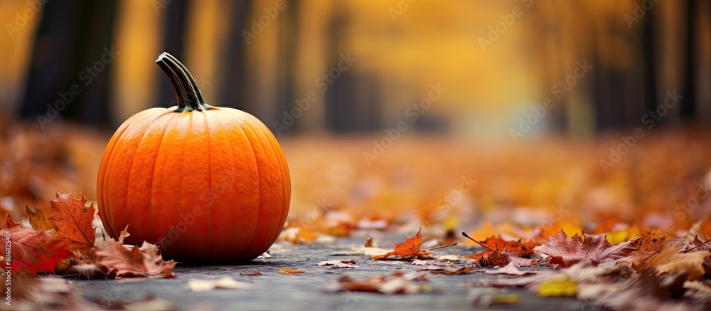 Poster a pumpkin rests on colorful autumn leaves with a blank space for an image.