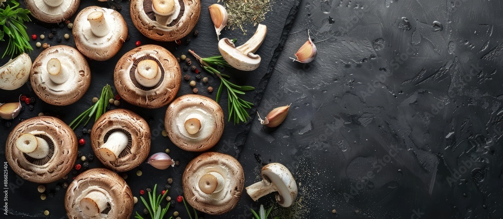 Poster overhead view of fresh mushrooms seasoned with herbs and spices on a black board, providing copy spa