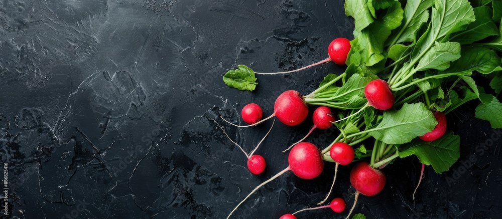 Poster Fresh radishes in a large bunch, arranged in a top-view perspective on a black background, offering ample space for text with a copy space image.