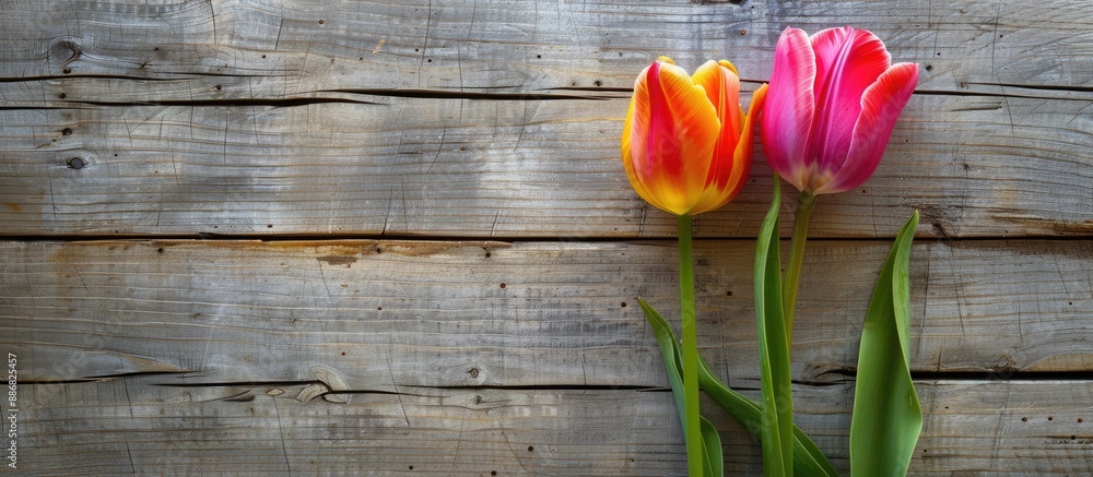 Poster A vibrant scene with two colorful tulip flowers set against a wooden backdrop, providing ample room for your text in a copy space image.