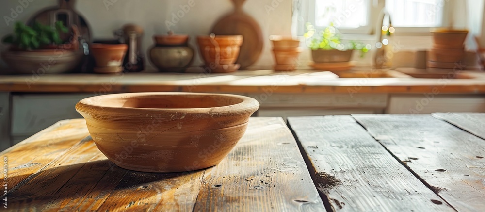 Poster A wooden table showcasing an empty clay bowl, with ample copy space image for product display on a kitchen countertop.