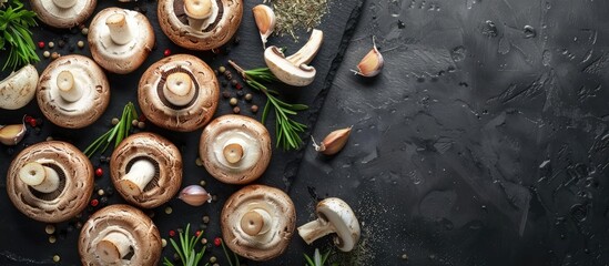 Overhead view of fresh mushrooms seasoned with herbs and spices on a black board, providing copy space image.