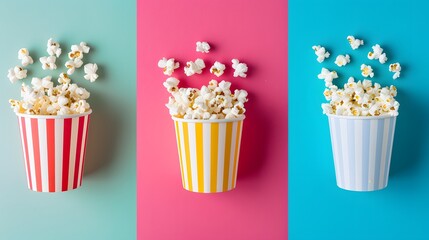 Paper cup with popcorn on color background. 