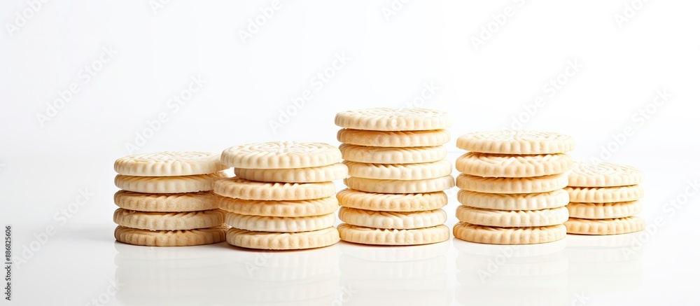 Poster White biscuits set against a white backdrop allowing for copy space image.