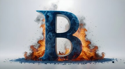 The letter B in 3D, in blue color, it's on fire, there are  fire flames on it, it's burning, there is a lot of  smoke around, smooth white background.