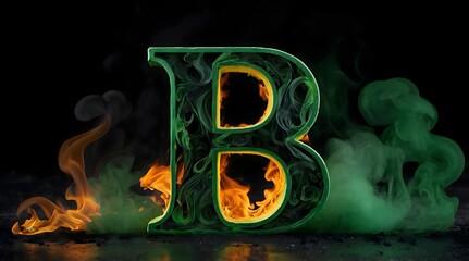 The letter B in 3D, in green color, it's on fire, there are  fire flames on it, it's burning, there is a lot of  smoke around, smooth black background.