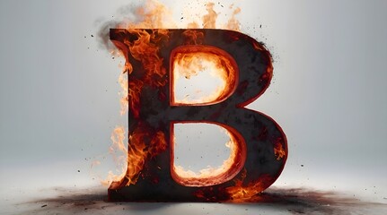 The letter B in 3D, in red color, it's on fire, there are  fire flames on it, it's burning, there is a lot of  smoke around, smooth white background.