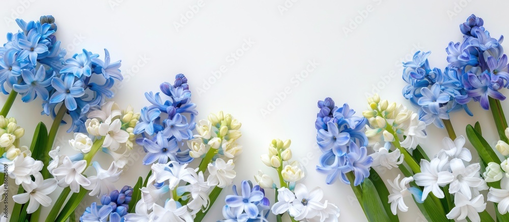 Poster top view of blue and white hyacinths on a white background, perfect for a spring or easter holiday c