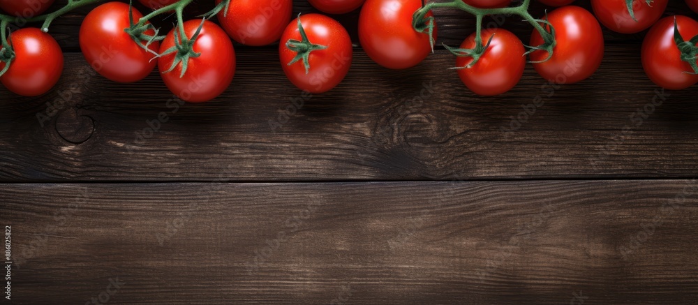 Poster top view of fresh red tomatoes on a branch displayed on a dark brown wooden table with an oak textur