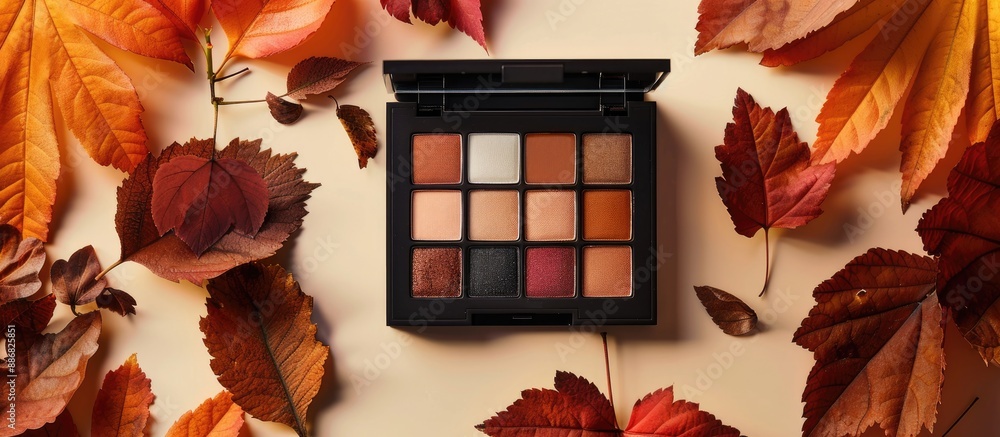 Poster Stylish autumn makeup palette displayed in a minimalist flat lay arrangement with copy space image.