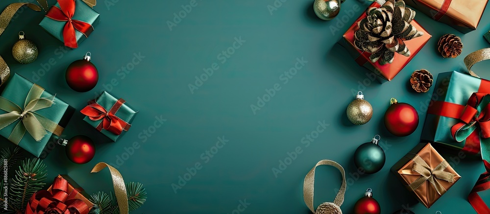 Poster turquoise background adorned with gift boxes wrapped in ribbons and christmas ornaments, creating a 