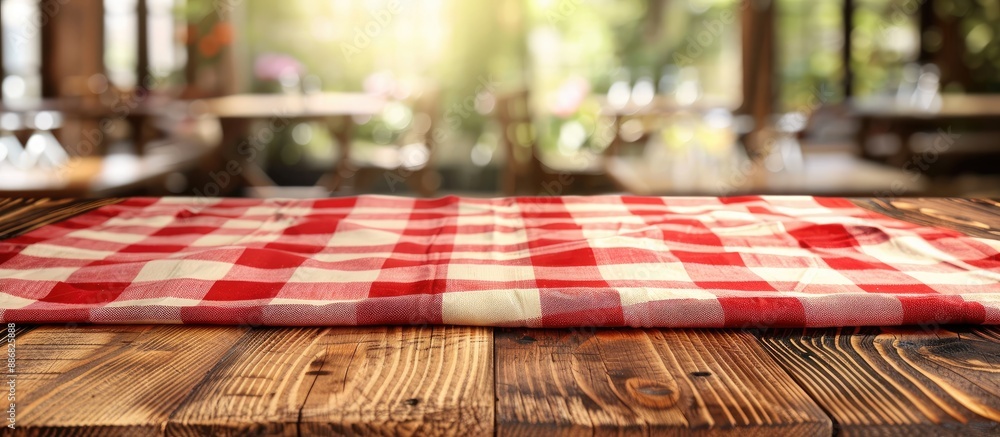 Poster wooden table topped with a red checkered napkin or tablecloth, offering copy space for your personal