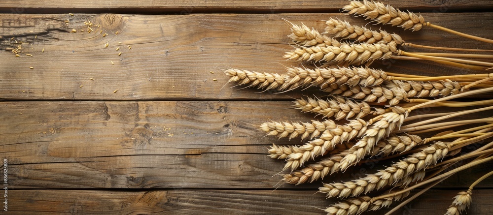 Poster A top-down view of wheat ears displayed on a wooden background with a clear area for text, suitable for a copy space image.