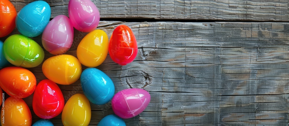 Poster colorful plastic easter eggs displayed on a wooden background with space for your own image.
