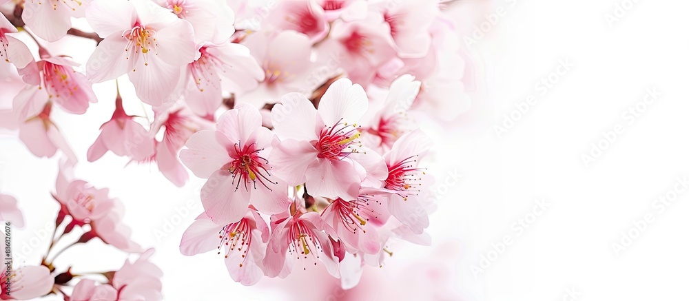 Poster a cherry blossom is seen against a white backdrop with copy space image, symbolizing the arrival of 