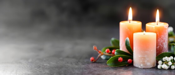  Three lit candles atop a table, surrounded by greenery and berries