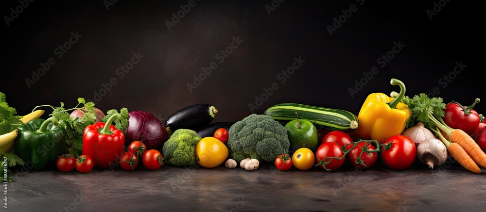 Poster Fresh farmer vegetables displayed on a dark concrete table with copy space image available for text.