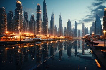 Obraz premium Skyscraper painting at sunset, generative IA