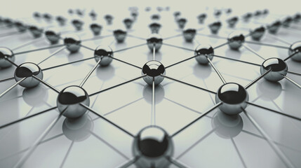 3d social networking chrome nodes background, interconnected by black lines to form a grid structure, indicating interconnections and relationships in the social community or business