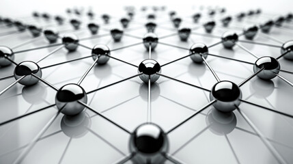 3d Social Networking chrome nodes background, interconnected by black lines to form a grid structure, indicating interconnections and relationships in the social community or business