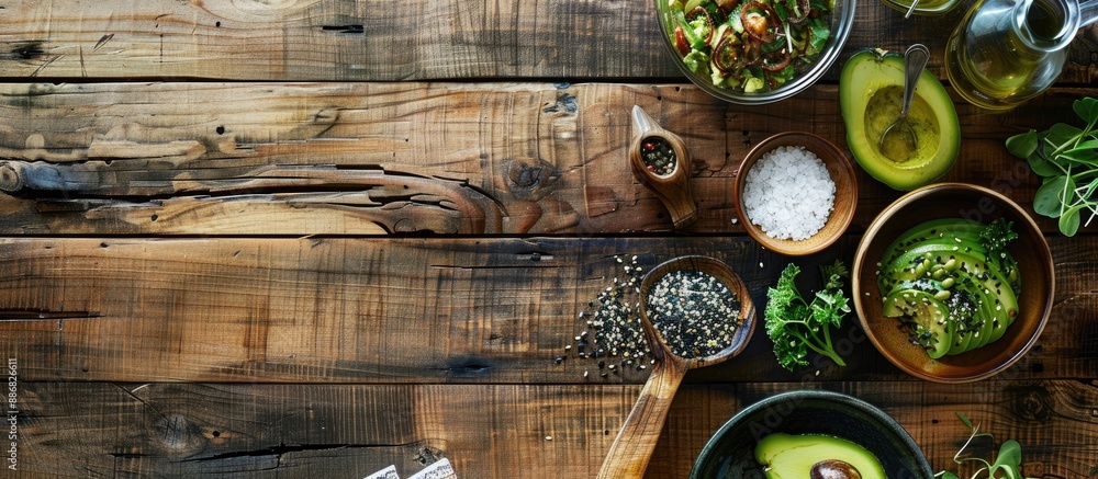 Poster wooden table set up with kitchen items for preparing an avocado poke bowl in hawaii, emphasizing hea