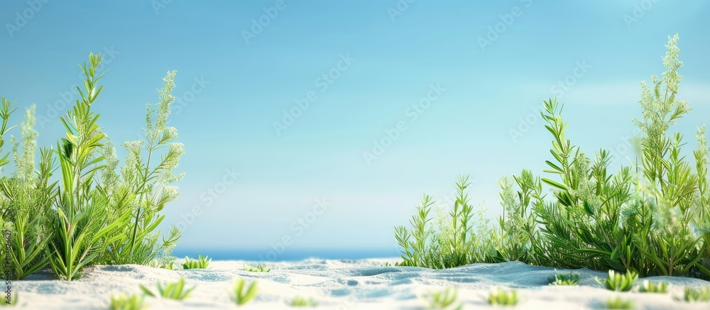 Poster A serene scene with herbs scattered on sandy beach with a backdrop of a clear blue sky, offering a tranquil setting for contemplation with copy space image.