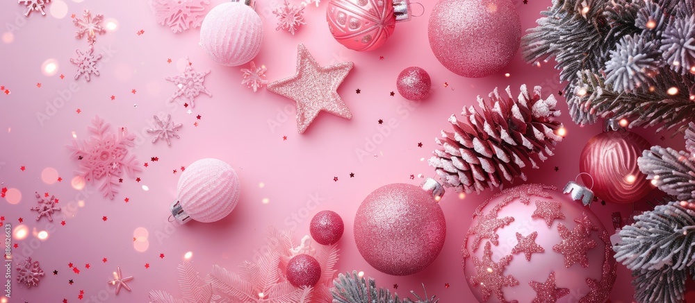 Poster flat lay featuring christmas decorations like balls and stars on a pink background with a festive am
