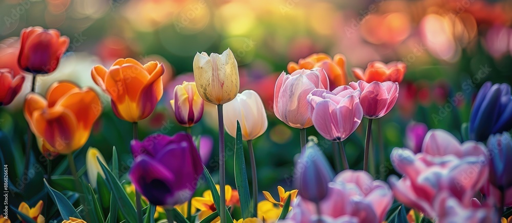 Poster blooming spring flowers, a colorful display in nature, pictured with copy space image for creative d