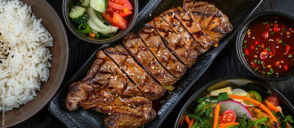Poster menu options include an appetizing array of steak, white rice, salad, and vegetables.