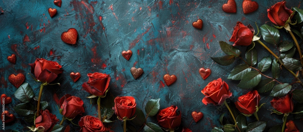 Poster creative top view composition with valentine's day roses, hearts, and a natural background, ideal fo