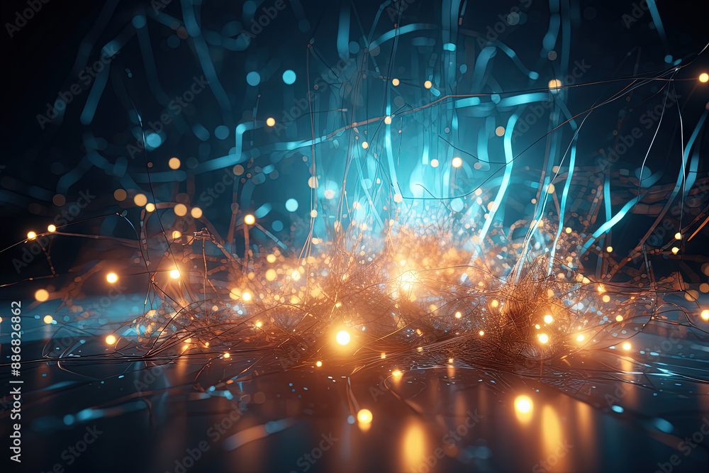 Poster abstract burst of wires and particles on technology background. scientific abstraction with mess of 