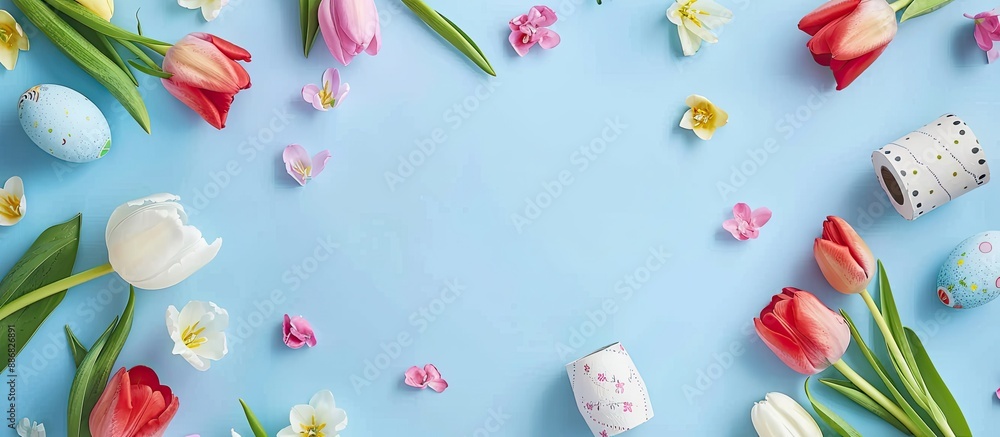 Aufkleber easter-themed greeting card with colorful tulips, eggs, and decorative elements made from a toilet p