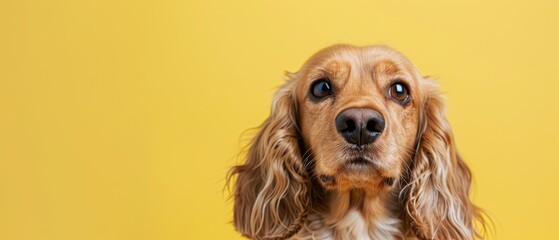  Close-up of a dog's head on yellow background, gaze fixed on camera