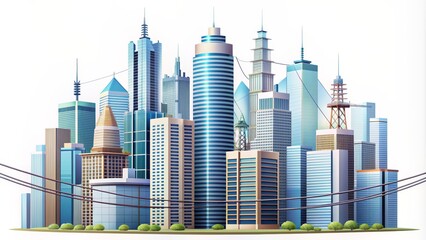 Fototapeta premium Modern Cityscape with Power Lines and Lush Greenery, skyscrapers, urban design, city life, metropolis