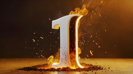 The number 1 in 3D, in white color, it's on fire, there are yellow fire flames on it, it's burning, there is a lot of smoke around, smooth orange background.