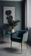 Modern cozy living room and blue wall texture background interior design 3D rendering