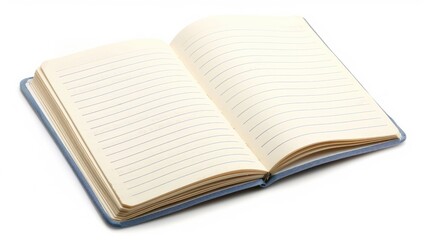 Close up of opened lined notebook on white background