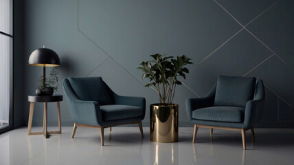 Modern cozy living room and blue wall texture background interior design 3D rendering