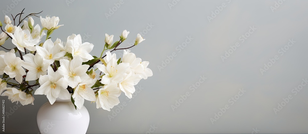Aufkleber white flowers in a vase with copy space image on a white backdrop.