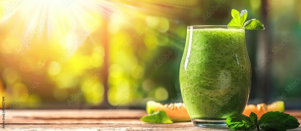 Poster glass of freshly blended green melon smoothie on wooden table near window with copy space image.
