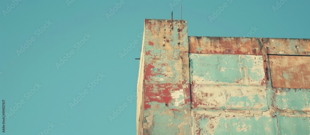 Poster minimalist photo of a building with faded paint against a clear sky, featuring copy and negative spa