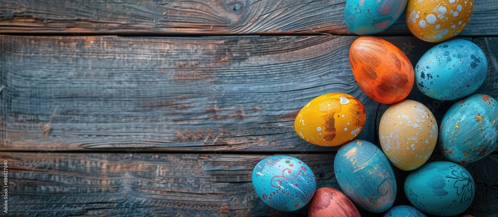 Poster Colorful Easter eggs displayed on a wooden surface with a blank area available for additional images or text.