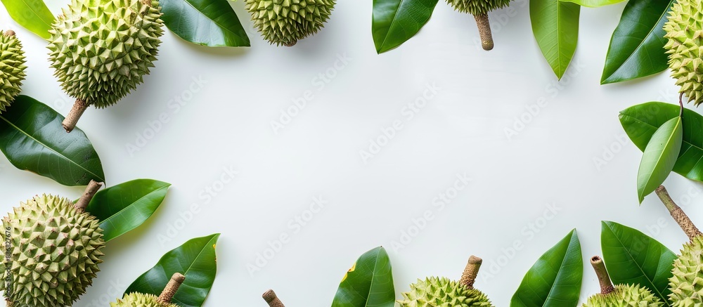 Poster Flat lay of fresh ripe durians on a white backdrop with ample space for text alongside the image.