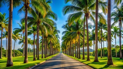 Fototapeta premium Palm Tree Avenue, Lush Green Canopy, Sunlit Road, Tropical Paradise, Palm Trees, Road, Tropical