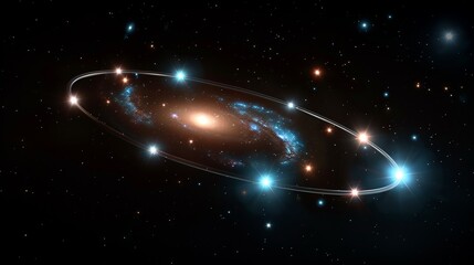 Abstract representation of gravitational lensing around a massive galaxy cluster, distorting light from distant stars. Illustration, Image, , Minimalism,