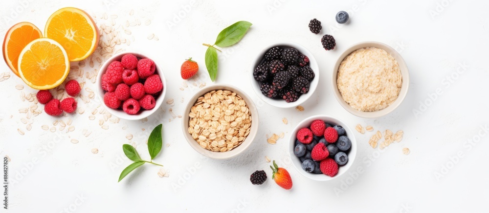 Poster top view of raw and vegan oats presented on a white background for a brunch, creating a natural food
