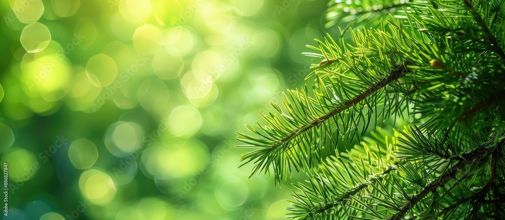 Leinwandbilder close-up of a pine tree branch against a green forest backdrop with copy space image.