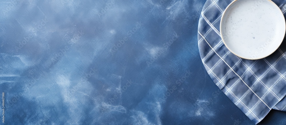 Aufkleber Blue stone table with a light plate set on a blue checkered tablecloth, providing an ideal background for text or other elements; top-down view offers a mockup with copy space for a website banner.